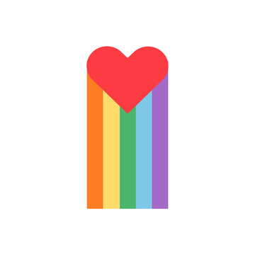 Minimalist red heart with vertical rainbow stripes isolated on white. Retro aesthetic pride month graphic for LGBTQ identity, queer love, and vibrant social media stickers. Vector illustration.