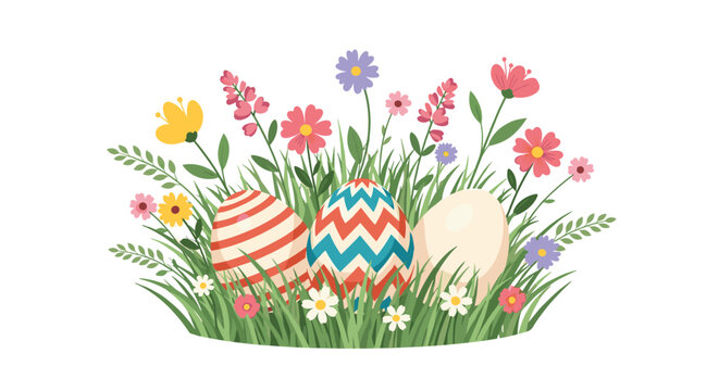 Colorful easter eggs are nestled in tall green grass surrounded by vibrant spring flowers, creating a joyful and festive holiday scene illustration.
