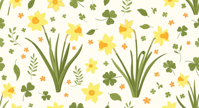 Charming seamless pattern features bright yellow daffodils and green clovers on a cream background, celebrating the arrival of spring and nature.