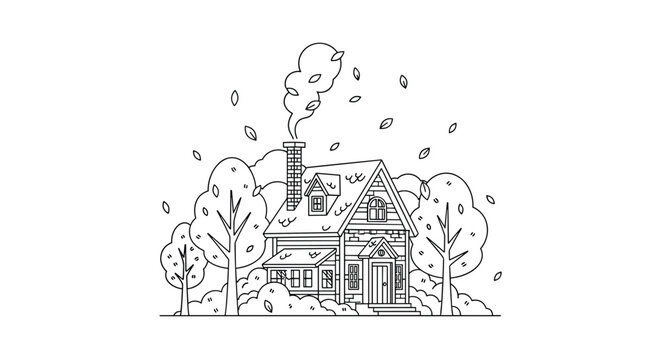 Quaint wooden house with a smoking chimney in a windy autumn landscape with falling leaves and trees in a clean black and white design.
