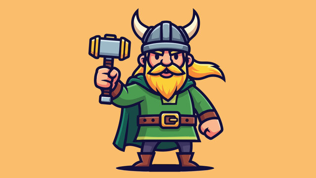 Cartoon Viking Warrior Holding Hammer with Horned Helmet.