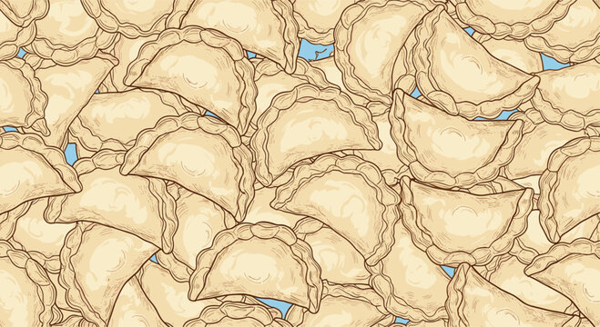 Traditional homemade dumplings or pierogi arranged in dense pile for appetizing culinary background texture illustration.