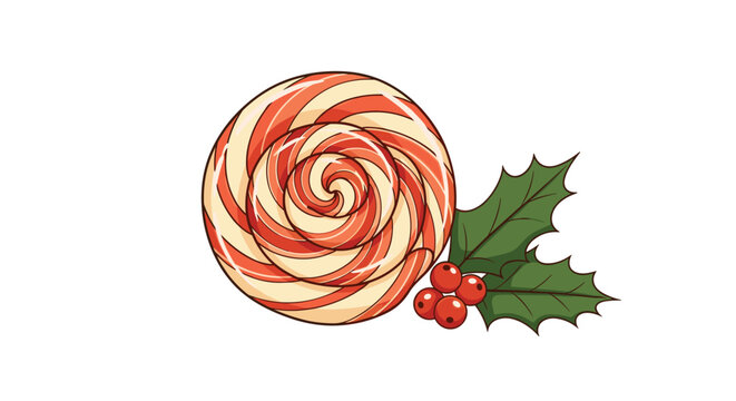 Festive christmas lollipop swirl candy decorated with green holly leaves and red berries for sweet holiday treat illustration.