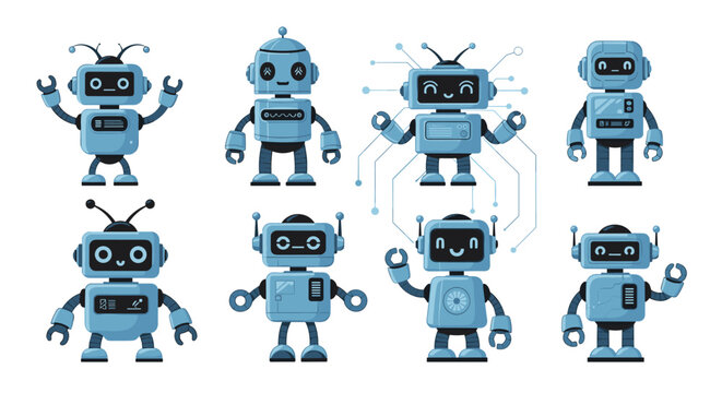 Set of various cute blue robot characters with different screen faces and mechanical designs for technology concepts.