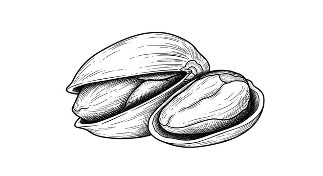 Detailed engraving of an open pistachio nut shell with the kernel visible inside shown in black and white line art.