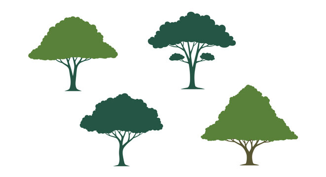 Set of four different tree silhouettes in shades of green showing various canopy shapes and wooden trunk structures.