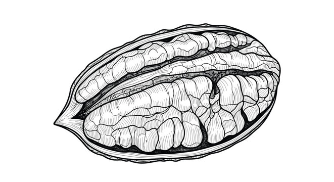 Detailed close up engraving of a shelled pecan nut showing its intricate natural texture in black and white line art.