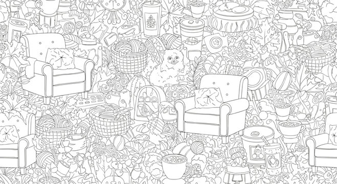 Complex black and white hidden object search game illustration featuring a cluttered living room filled with various household items.