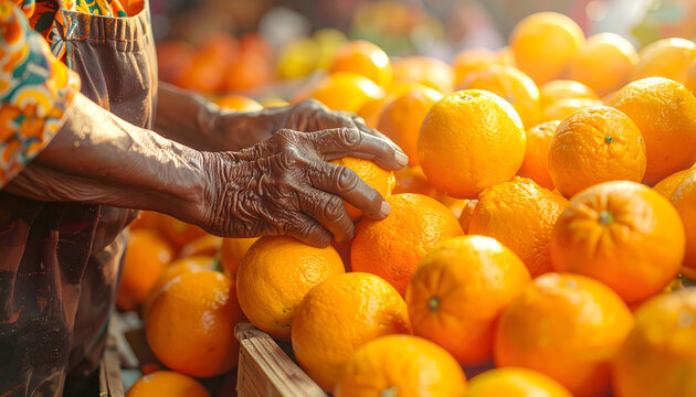 Elderly weathered hands picking a bright orange from a pyramid display featuring detailed citrus peel texture and warm natural lighting generative AI
