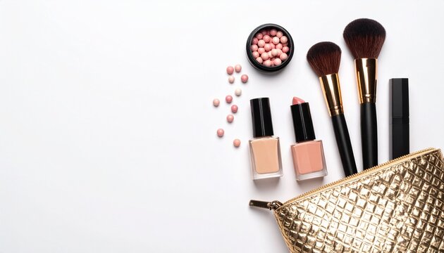 Luxury Beauty Flat Lay with Gold Makeup Bag. Elegant cosmetic flat lay featuring gold makeup pouch, beauty products, makeup brushes, and soft neutral lighting in a modern feminine style.