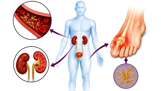 Uric Acid Crystal Deposition Disease Medical Illustration &ndash; Gout and Kidney Stone Anatomy Infographic