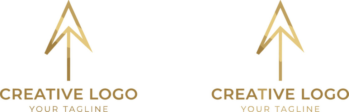 Abstract golden geometric arrow pointer and pine tree logo icon template set for luxury business branding isolated on white background
