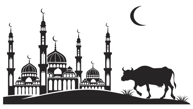 Eid al-Adha Mubarak silhouette vector background with mosque and sacrificial cow