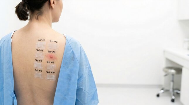 Person undergoing dermatology patch test on back for allergy detection in medical clinic
