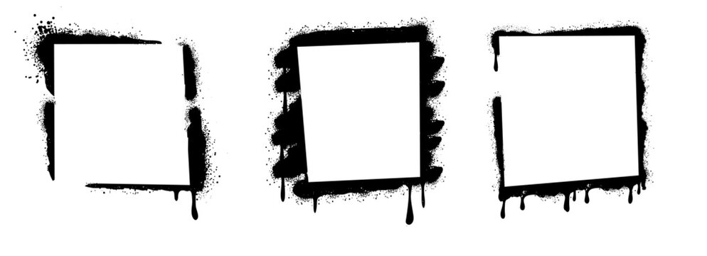 Spray paint aerosol rectangle frames effect, graffiti set with paint drips. Graffiti grunge paint shapes with spots and drops. Abstract paint brush stroke.