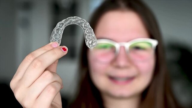 Smiling teenager presenting clear dental aligner in casual home setting with natural indoor light, confident young patient showing modern orthodontic treatment progress