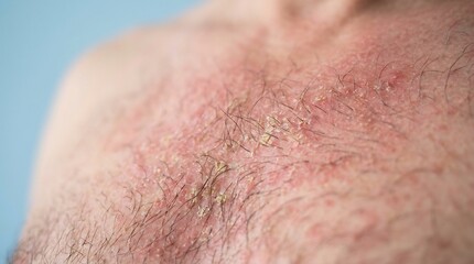 Fototapeta premium Macro view of irritated red skin with scaling and flaking around human chest hair follicles