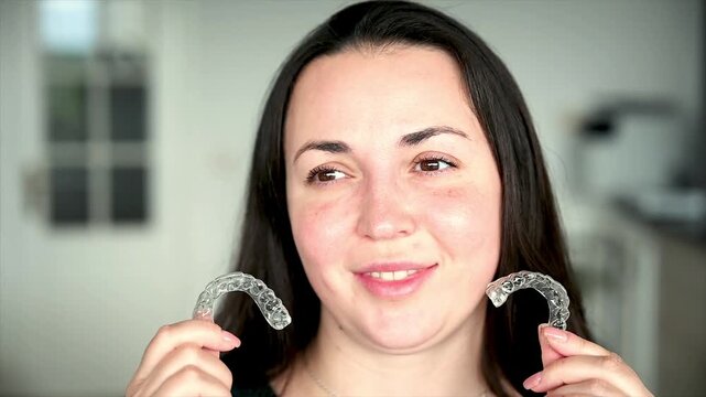 Woman displaying both upper and lower clear dental aligner trays in hands at home, complete orthodontic treatment set and invisible braces care routine concept