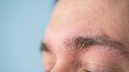 Fototapeta premium Extreme close-up of red inflamed skin with scaly patches and yellowish crusting around a human eyebrow