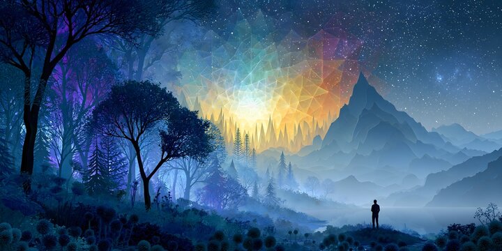 Man silhouette standing in misty forest at night gazing at a colorful geometric polygon aurora above pine trees and mountains, digital concept art