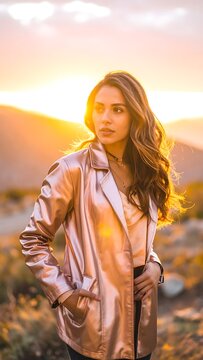 Woman in shiny jacket standing outdoors.