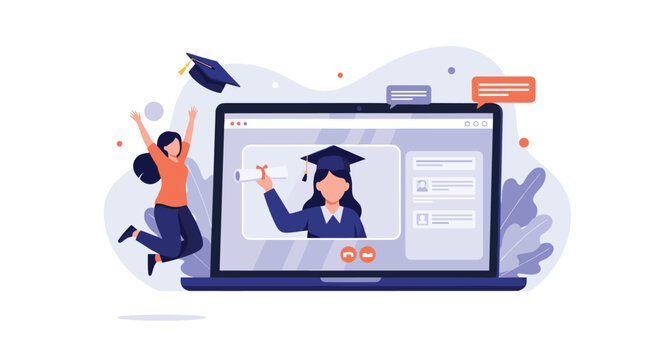 Excited student jumping for joy after graduating from an online course shown on a laptop screen with a virtual ceremony.