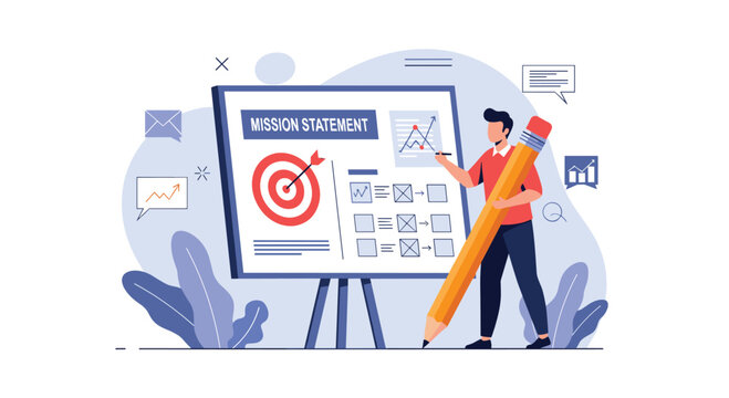 Creative professional using a large pencil to write a mission statement on a presentation board with business strategies.