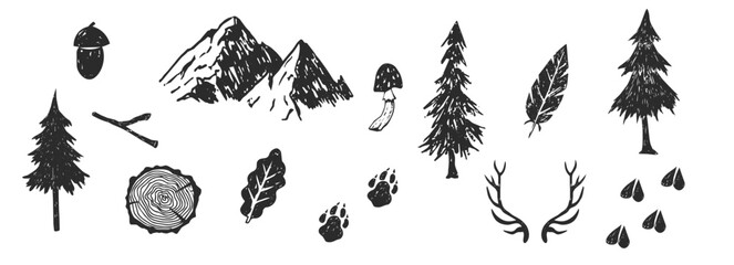 Fototapeta premium Camping linocut set, campfire and tent, deer footprint and horns. Hiking equipment hand drawn textured. Wood cut log, pine tree shape. Nature adventure.