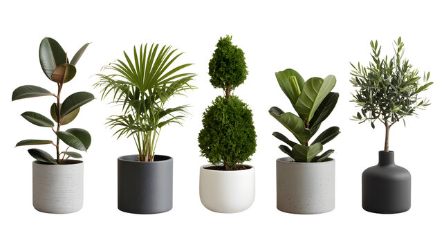 Set of five different green potted indoor plants in modern ceramic pots for home and office decor