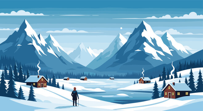 Beautiful winter mountain scenery shows snow-capped peaks surrounding a frozen lake with cozy wooden cabins and smoke from chimneys.