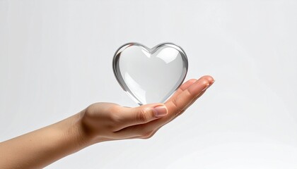 Obraz premium A human hand gently holds a transparent, clear glass heart against a plain white background, symbolizing love and care.