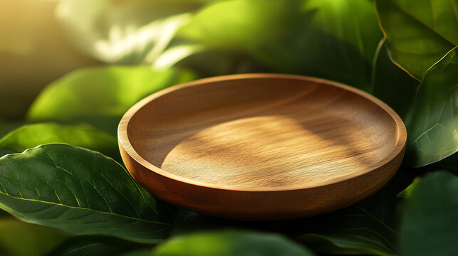 Natural Wooden Plate Surrounded by Soft Green Leaves in Warm Gentle Light
