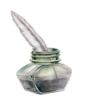 Vintage glass inkwell with quill feather watercolor illustration. Ancient ink pot and writing pen for traditional pharmacy recipe book, retro apothecary branding, craft stationery design
