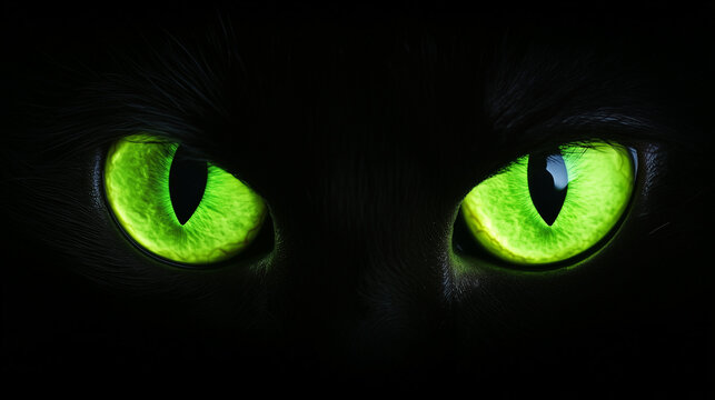 Glowing Neon Green Cat Eyes Emerging from Deep Darkness