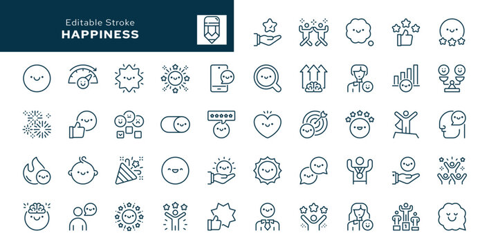Happiness outline icons set. Happy, smile, funny, joyful, positive emotions and thoughts, fun, laughter, joy, optimism and more. Line icon in linear style. Vector collection	