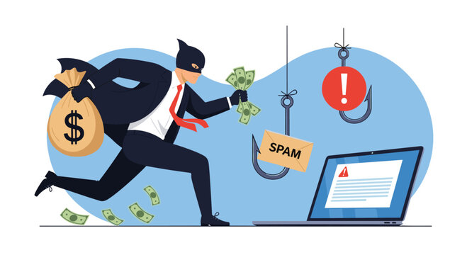 Masked cybercriminal runs away with bags of stolen money next to a laptop being targeted by phishing hooks and spam email messages.