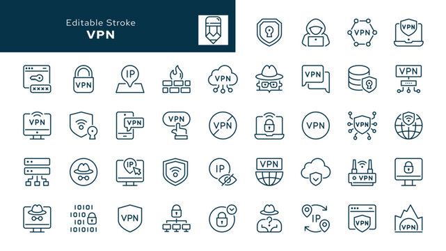 VPN outline icons set. Virtual private, network, secure connection, cybersecurity, anonymity, privacy, incognito, firewall, online protection, security. Line icon in linear style. Vector collection	