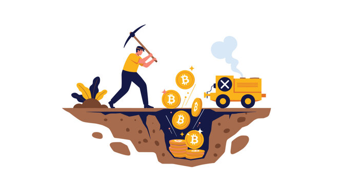 Worker uses a pickaxe to mine for Bitcoin coins in an underground tunnel while a small yellow machine pulls the cryptocurrency to the surface.