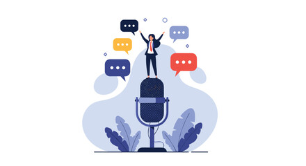 Successful woman stands on top of a large microphone with her arms raised in victory surrounded by various colorful speech bubbles. © Mehedi