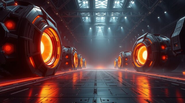Futuristic corridor. Glowing vehicles line metallic floor. Dramatic lighting creates intense atmosphere. Dark, sleek design dominates scene.