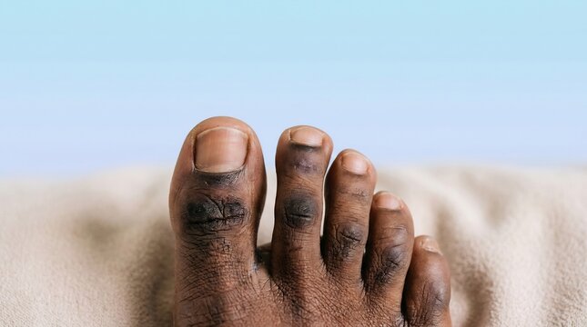 Close-up of human toes showing uneven skin tone and dark hyperpigmentation on a neutral background