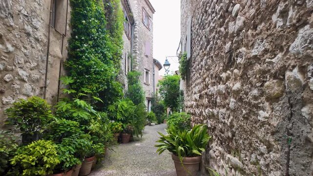 Tilt down into a narrow stone street in Saint Paul de Vence, featuring ivy-covered walls, potted plants, and charming medieval architecture in the South of France.