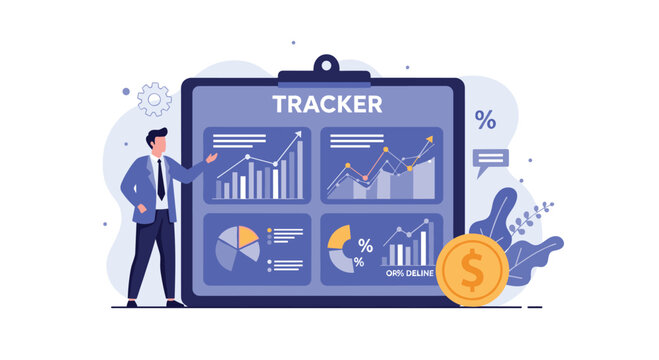Financial analyst points at data tracker board featuring multiple bar charts and pie graphs to monitor business performance and metrics.