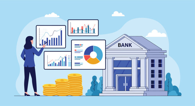Woman reviews financial banking data through interactive charts and graphs standing next to classic bank building with golden coins.