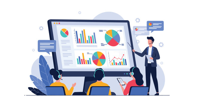 Business presenter uses pointer to explain complex data charts on large computer screen to team members wearing communication headsets.