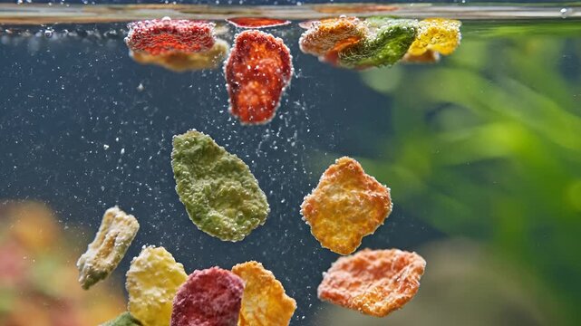 Colorful Fish Food Pellets Floating and Sinking in Aquarium Water.