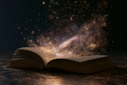Magical galaxy and glowing particles emerging from open book, creating enchanting fantasy storytelling atmosphere with cinematic cosmic wonder beautifully.