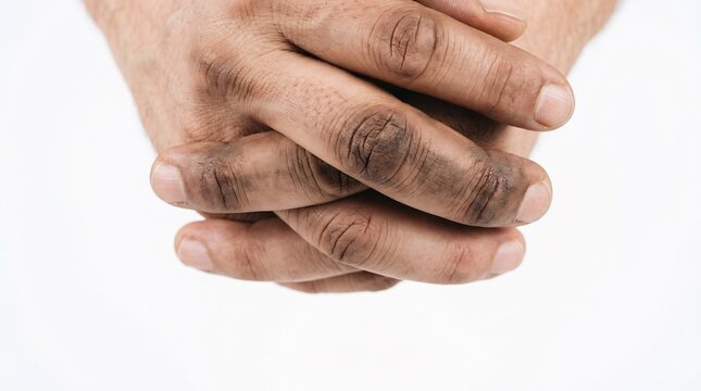 Close-up of dirty interlaced hands with dark grease on knuckles against white background