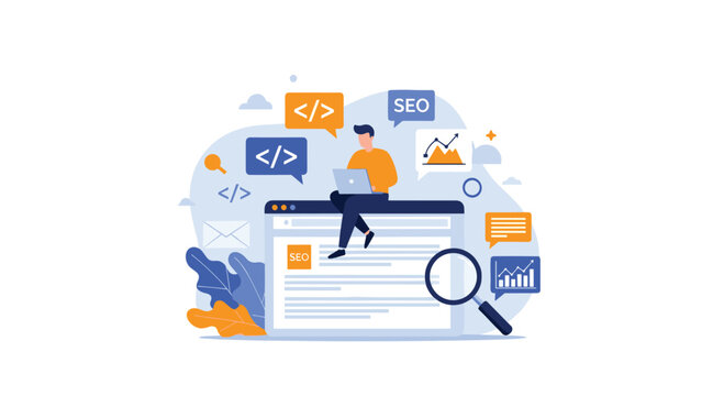 Web developer sits on browser window to optimize website using search engine optimization tools and coding symbols for better ranking.