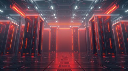 Fototapeta premium Futuristic corridor, red illumination, symmetrical design. Metallic surfaces, glowing lines create dramatic perspective. Minimalist, sterile environment.